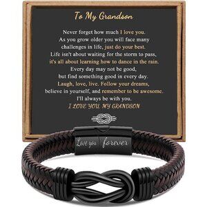 Mens Infinity Leather Bracelet Braided Stainless Steel Engraved Love Forever